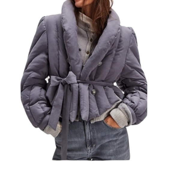 Free People Office Duvet Quilted Puffer Tie Waist Jacket, grey,cropped, NWT - Picture 3 of 10